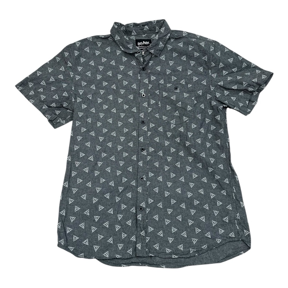 Harry Potter Grey Woven Deathly Hallows Pattern Button Up - Mens XL